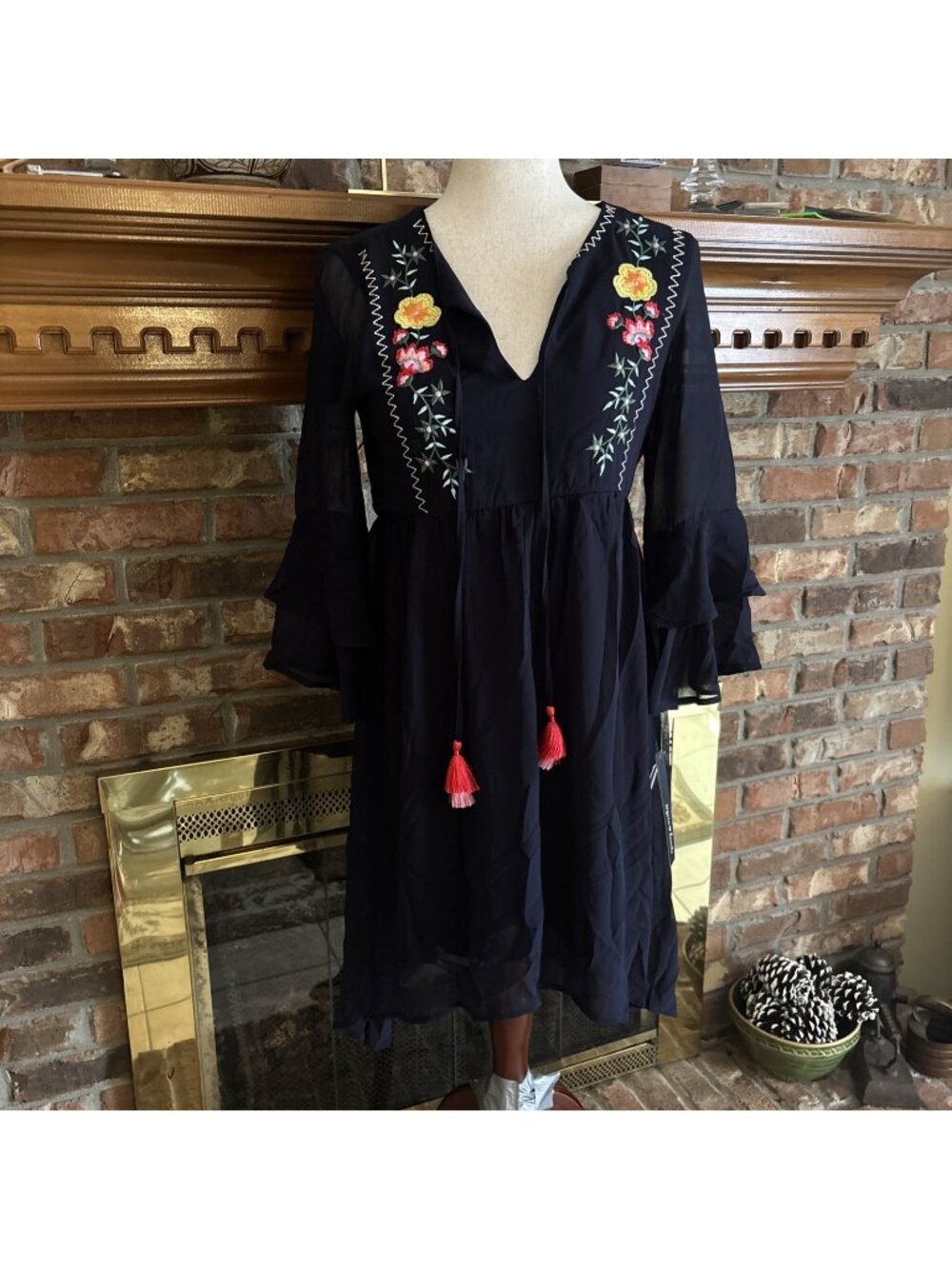 Sequins Hearts Black Embroidered Dress Size Medium NWT Feminine Bright Tassels